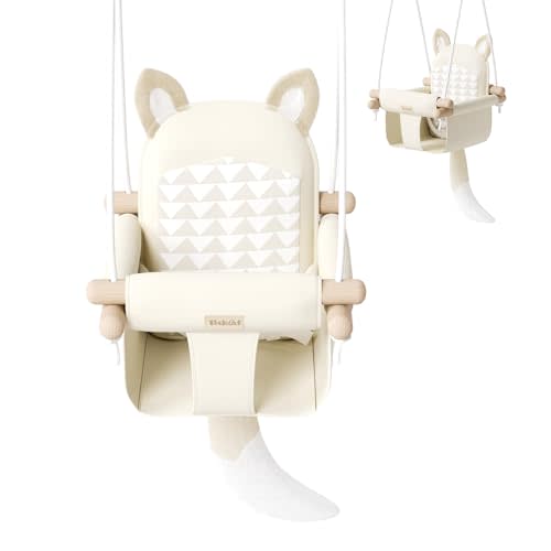 Wooden Hanging Baby Swing with Soft Safety Belt, Cozy Infant Swing Seat for Indoor & Outdoor Use, Adjustable Height, Includes Mounting Hardware  Suitable for Babies & Toddlers(Fox-Themed in Beige)