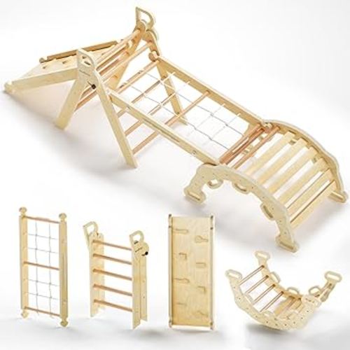 BlueWood 2025 8-in-1 Pikler Triangle Climbing Set Toddler Toys Indoor Baby Jungle Gym Climber Playground for Kids - Natural Wood