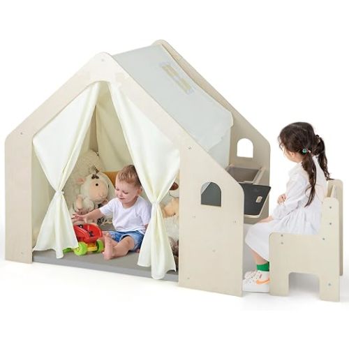 Costzon Large Kids Tent, 6-in-1 Wooden Frame Play House with Table and Chair Set, Blackboard, 6 Storage Bins & Soft Floor Mat, Indoor Playhouse for Boys Girls Aged 2-6 Years Old