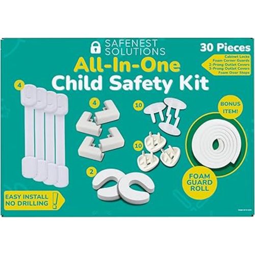 SAFENEST All-in-One Child Safety Kit 30pc, Ultimate Bundle, No Drilling Easy Install, Home Baby Proofing Essentials, Corner Guards, Outlet Covers, Cabinet Locks, Door Stops