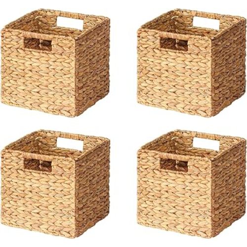 SpaceAid 4 Pack Wicker Basket, Storage Baskets for Organizing, Woven Rattan Basket with Handles for Shelves, Water Hyacinth Large Cube Organizer Storage Bin, 10.5x10.5x10.5 inch, Natural