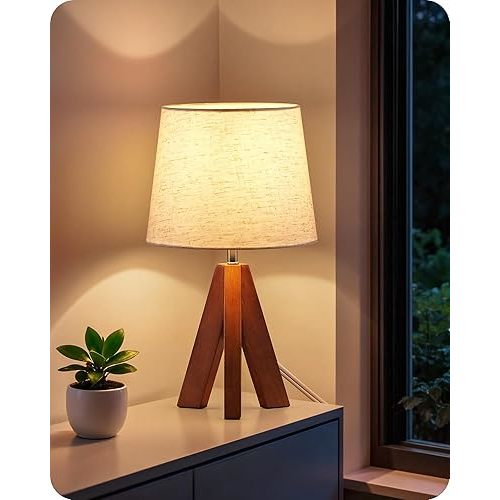 Tripod Table Lamp, 14.6 Inch Small Bedside Lamp with Beige Linen Shade, Modern Nightstand Lamp for Bedroom, Kids Room, Living Room, Nursery, Office, E26 Socket, Dark Wood Base, LE51TL05