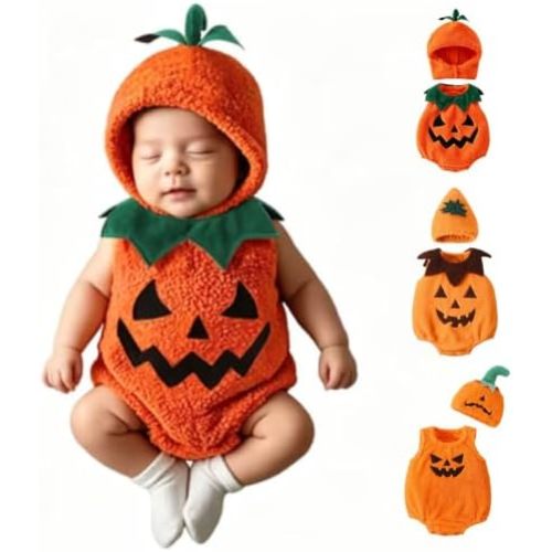 Baby Halloween Pumpkin Costume Newborn Fleece Sleeveless Romper