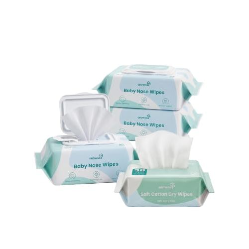 GROWNSY 2-in-1 Saline Baby Nose Wipes and Cotton Dry Wipes, 120 Count | Alcohol-Free, Smart Cleansing, Soothing, Stuffy Nose Relief, Moisturizing, Safe Botanical Care, 90 Wet & 30 Dry Wipes