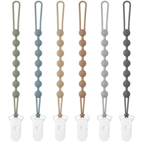 6 Pack Silicone Pacifier Clip with One-Piece Design for Baby Boys and Girls, BPA Free Soft Flexible Binky Clips with Texture for Baby Essentials