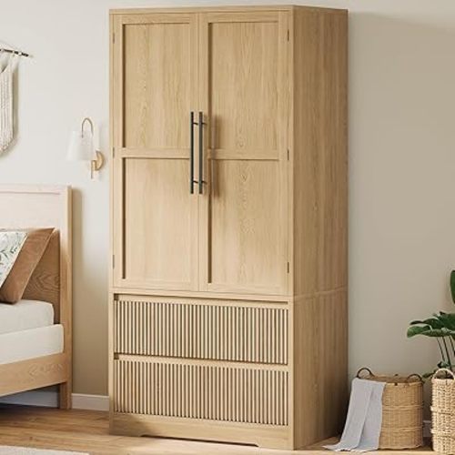 GarveeHome Bedroom Wooden Armoire Wardrobe Closet, Wardrobe Armoire Cabinet with Wood Doors and 2 Drawers, Freestanding Cabinet with Shelves & Hanging Rod for Bedroom, Clothes, Natural