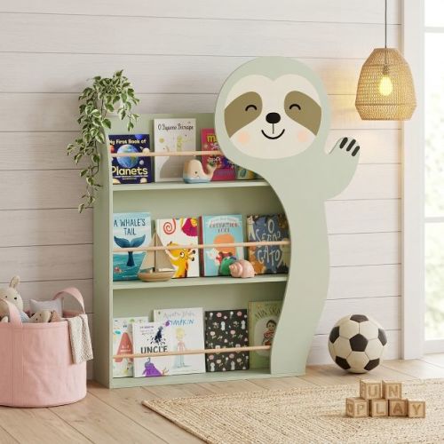 Kids Bookcase with Cute Sloth Shape, 3‑Tier Open Bookshelf, Anti‑Fall Wooden Book Storage Organizer for Toddler Playroom Bedroom