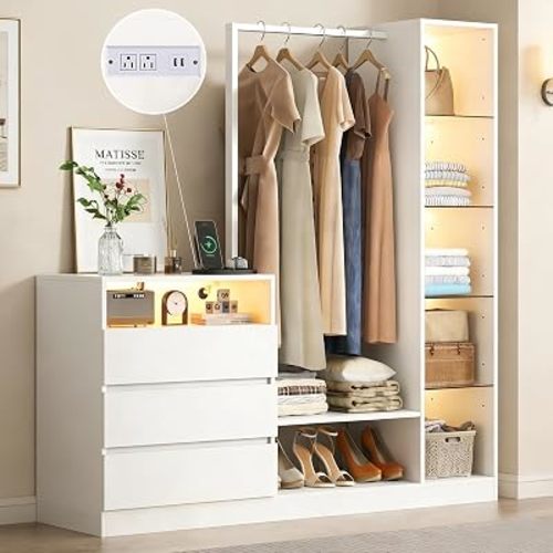 Wardrobe Dresser with Hanging Rack and Drawers, Led Wardrobe Dresser Combo