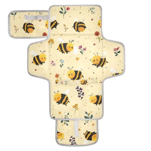 Portable Diaper Changing Pad Travel Baby Changing Mat Waterproof Diaper Changing Mat Foldable Lightweight Baby Changer with Built-in Pillow Light Yellow Bees Flowers and Dots