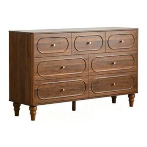 Walnut Finish 7-Drawer Dresser Without Mirror, Mid-Century Wide Chest of Drawers Bedroom Storage Cabinet