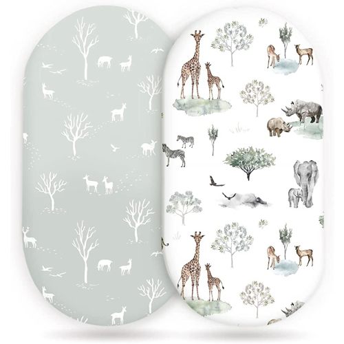 Stretch Ultra Soft Fitted Bassinet Sheet Set 2 Pack, Universal Fit for Bassinets Baby Cradle Moses Basket Oval Rectangle Mattress Safe and Snug, Pretty African Savannah Animals Pattern