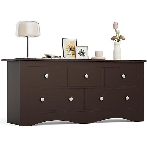 Furmax Dresser for Bedroom, 5 Wood Dresser, Chest of Drawers, for TV up to 65 inch, TV Stand Storage Chest of Drawers for Hallway Entryway (Brown)
