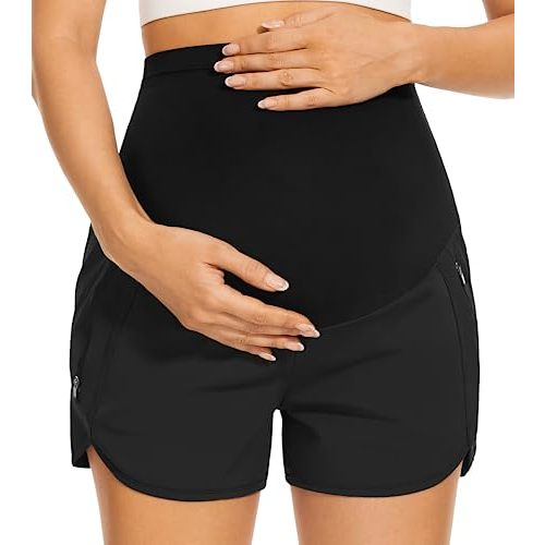 PACBREEZE Women's Maternity Shorts Over Belly Quick Dry Workout Athletic Running Shorts with Zipper Pockets