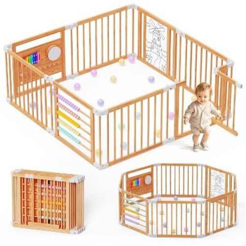 Docred Wooden Baby Playpen,Foldable,Expandable,Adjustable Wood Gate for Infants Toddlers Babies Portable Easy Assembly Fence Area Wood,63''x63''x24''
