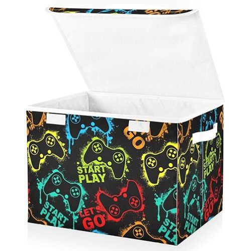 Gaming Gamepad Pattern Lidded Home Storage Bins, Foldable Oxford Fabric Storage Box for Home Bedroom Closet Office (16.5x12.6x11.8 in)