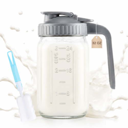 Topsome Breast Milk Pitcher 32oz Glass Pitcher with Lid, Double Leakproof Wide Mouth Storage Container, Pour Spout & Handle for Breastmilk, Juice, Cold Brew Coffee