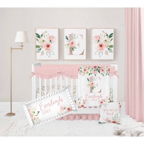 Pink Floral Crib Bedding Set, Baby Girl Crib Bedding, Personalized Baby Girl Blanket, Floral Nursery, Vintage Floral Crib, Pink Crib Bedding