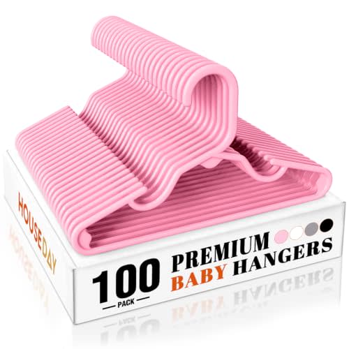 HOUSE DAY Pink Baby Hangers 100 Pack, Sturdy 11.5" Kids Hangers for Closet | Childrens Hangers for Newborn, Toddler, and Child Clothes, Smooth Edges, Non-Slip Notches Hold Straps and Slim Closet Storage