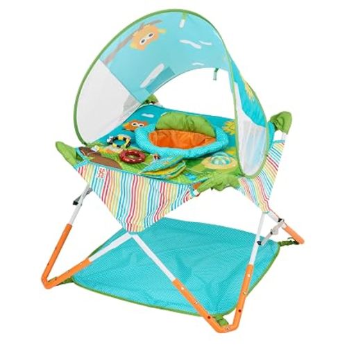 Bright Starts Pop 'N Jump Portable Baby Jumper, Foldable Indoor/Outdoor Baby Jumper with Owl Forest Sensory Activities, Ages 6–12 Months