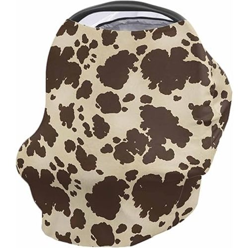 Baby Nursing Covers for Breastfeeding, Baby Car Seat Canopy Covers Scarf for Boys Girls, Brown Cowhide Canopy, Stretchy Soft Breathable Poncho Infant Stroller Cover, Cow Skin Print