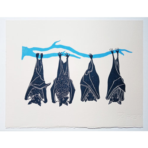 linocut Sleeping bats - original art print hand carved and printed, nature art, limited edition, minimalist artwork, zoological illustration