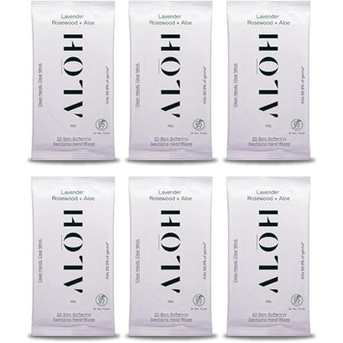 ALŌH Lavender Rosewood + Aloe Sanitizing Hand Wipes - Clean Hands, Clear Mind - On The Go Hand Sanitizer Wipes for Kids and Adults - Travel Size 6 Pack, 20ct (120 wipe)