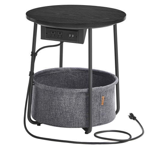 Side Table with Charging Station, Round End Table With Fabric Basket, Nightstand with Power Outlets USB Ports Ebony Black and Slate Gray