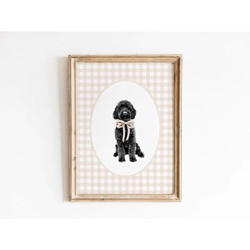 Black Golden Doodle Nursery Decor, Watercolor Dog Print, Neutral Nursery Boy Gingham Wall Print Tan Beige Bow Art Girl Doodle Unframed 192