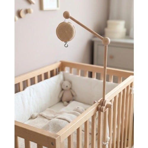 Wooden Crib Mobile Holder Set: Wooden Arm & Handmade Crocheted Music Box