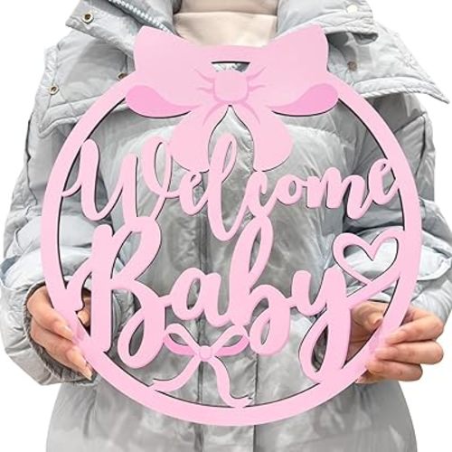 Pink Bow Baby Shower Decorations for Girl Welcome Baby Wooden Sign Coquette Baby Shower Party Decorations Pink Bow Wooden Sign Photobooth Props for Gender Reveal Party Supplies