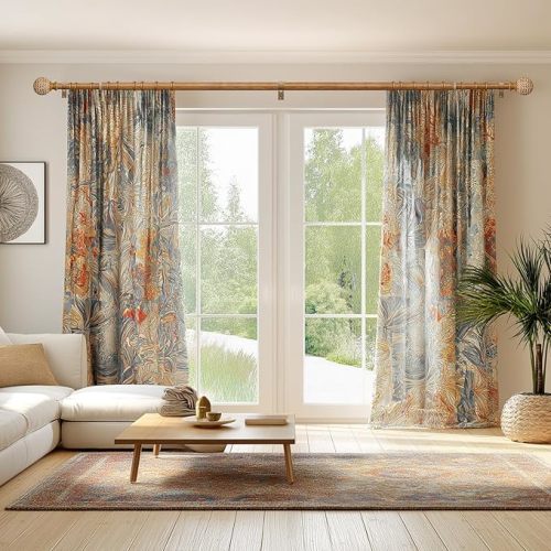 Wood Curtain Rods for Windows,1'' Diameter Drapery Rods with Imitation Wood Grain Leaf Pattern Finials,Boho Adjustable Heavy Duty Curtain Rods Set,18-45'',Color:Natural Wood