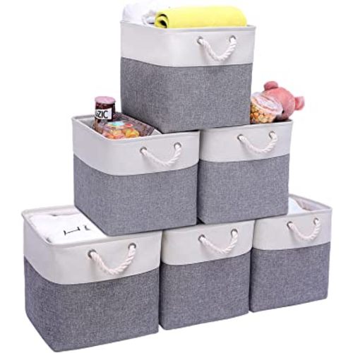 Large Cube Storage Baskets (10.5 × 10.5 × 11 inches), Canvas Fabric Collapsible Storage Boxes with Cotton Handles for Laundry,Closet, Shelves, Clothes, Toys, Towel (Grey/White, 6 Pack)
