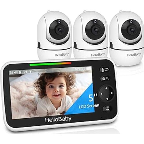 HelloBaby HB6550 5" Baby Monitor 3 Cameras, 26-Hour Battery, Pan-Tilt-Zoom,1000ft Range Video Audio Baby Monitor No WiFi, ECO, Night Vision, 2-Way Talk, 8 Lullabies and Temperature, Ideal Gifts