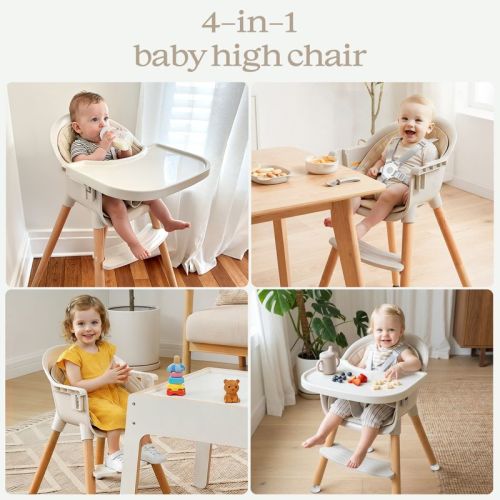 AmourLil 3-in-1 Wooden Baby Toddler High Chair, Convertible Easy Clean Infant Feeding Highchair, Modern Design