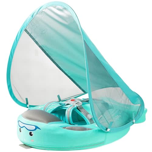 Mambobaby Float with Canopy Baby Float Non-Inflatable Baby Pool Float Solid Swimming Float Upgraded Add Tail Never Flip Over for Infant 3-24 Months, Green