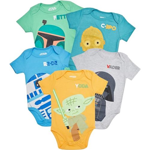 STAR WARS Baby Boys Bodysuit 5-Pack - Baby Bodysuits With Darth Vader, Boba Fett, Yoda, C-3PO, R2-D2 - Baby