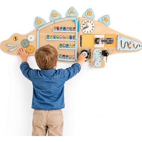 BROWNROOT Dinosaur Activity Wall Busy Board 11 in 1 Foldable Wooden Montessori Sensory Panel for Kids Wall Mounted Toddler Learning Activity Center for Playroom Daycare Nursery Classroom 3-6