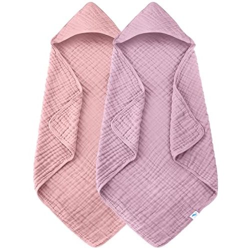 SWEET DOLPHIN Muslin Hooded Baby Bath Towels - 2 Pack 100% Cotton Towel for Babies, Infants, Toddlers - 32x32Inch - Highly Absorbent and Newborn Essential, Light Sakura