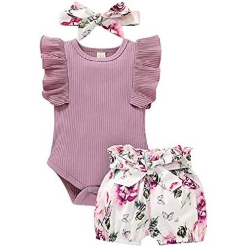 Tiny Cutey Baby Girl Clothes Infant Summer Outfits Set Ruffle Sleeve Romper and Floral Shorts with Headband