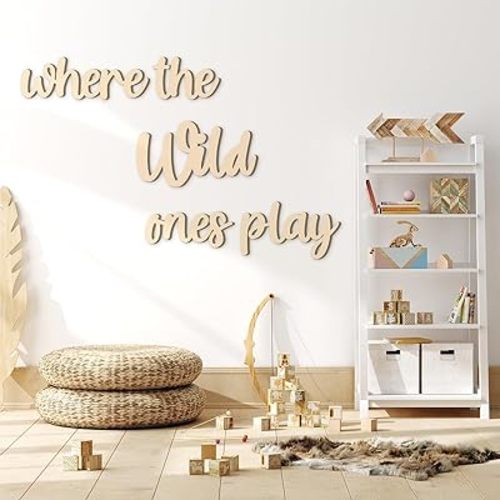 Kigley 5 Pcs Playroom Wall Decor 15.4" x 18" 3D Where The Wild Ones Play Nursery Sign Wooden Wall Art Decoration for Kids Toddler Room Decor Boys and Girls Kindergarten Bedroom Word Sign(Wood Color)