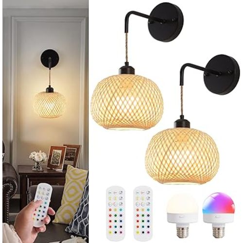 Vitnucrol Battery Operated Wall Sconce Set of Two, Bamboo Rechargeable Boho Wireless Sconces with Remote, Dimmable Non-Hardwired Farmhouse Wall Lights for Bedroom Living Room (Black, 8 inches)