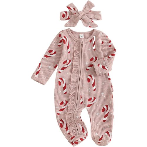 Userdefined Baby Girl Christmas Outfit Gingerbread Romper Bodysuit | Candy Cane Print Footie Jumpsuit Fake Two-Piece Baby Girl Fall Winter Clothes