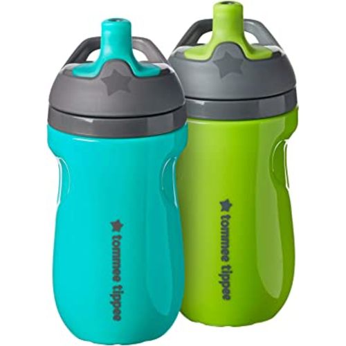 Tommee Tippee Insulated Sportee Bottle, Sippy Cup for Toddlers, 12 months+, 9oz, Spill-Proof, Easy to Hold Handle, Bite Resistant Spout, Pack of 2, Green and Teal