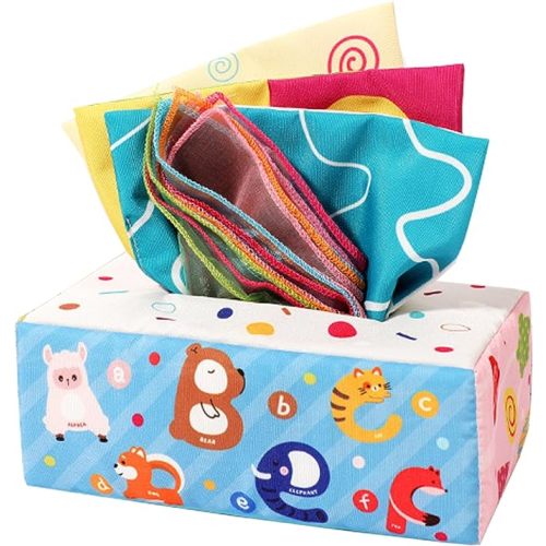 Baby Toys - Tissue Box Toy Montessori for Babies 0-12-18 Months, Sensory Baby Tissue Box Toys with Soft Crinkle Papers and Silk Scarves, Toddler Early Learning Toys Chrismas Birthday Gifts