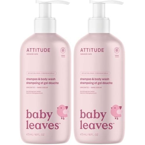 ATTITUDE Baby 2-in-1 Shampoo & Body Wash, EWG Verified, Fragrance Free & Dermatologically Tested, Vegan, Unscented, 16 Fl Oz (Pack of 2)