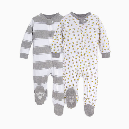 Burt's Bees Baby Organic Sleep & Play Footie Pajamas (2 Pack Bundle) - Honey Bee/Heather Grey Rugby Peace Stripe, 0-3 M