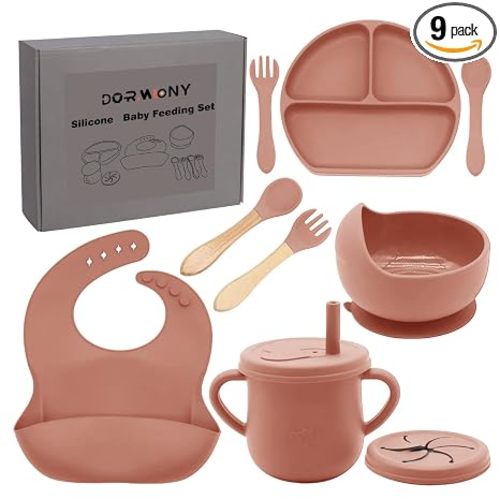 100% Silicone Baby Feeding Set, 9 Pcs: Bib, Divided Plate, Bowl, Sippy Cup, Spoons & Forks (Carrot)