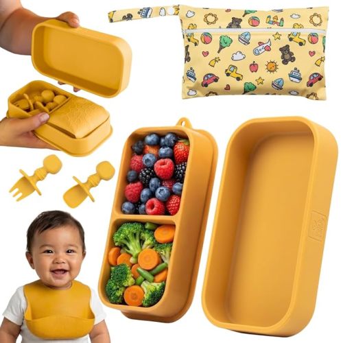Baby Travel Feeding Set with Silicone Suction Plates, Yellow Small | BPA-Free and Non-Toxic, Microwave and Dishwasher Safe, Waterproof Carry Case, Foldable Bib, Fork Included