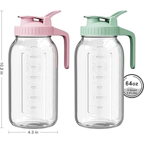 2 Pack - 64oz Glass Breast Milk Pitcher with Lid & Spout, Leakproof Mason Jar Breastmilk Pitcher - Wide Mouth, Airtight 2 Quart Water Jug for Milk Storage, Breastmilk, Sun Tea, Iced Coffee, Juice