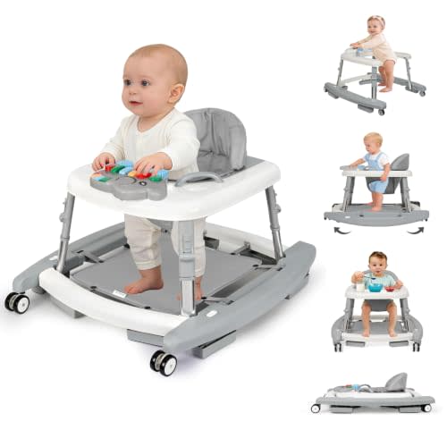 5-in-1 Baby Walker for Boys and Girls Music and Lights 6-18 Months, Foldable Baby Walkers with 5 Adjustable Heights, Infant Toddler Walker with Wheels and Combo Portable（Grey）